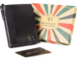 Portfel granatowy retro Rovicky N1226-RHP-5449 NAVY. Niebieskie portfele męskie ROVICKY, bez wzorów, ze skóry. Za 81.99 zł.