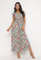 Zielona Rozkloszowana Sukienka Maxi w Kwiaty Illuma. Zielone sukienki damskie Born2be, l, bez wzorów, z materiału, bez kołnierzyka, bez ramiączek, maxi, kopertowe. W wyprzedaży za 79.99 zł.