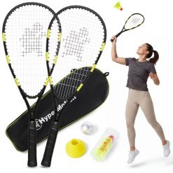 Zestaw do crossmintona: 2 rakiety aluminiowe 59 cm, 5 lotek, stożki, torba. Czarne torebki klasyczne damskie HYPERMOTION, bez wzorów, z materiału, bez dodatków. Za 79.90 zł.