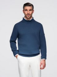 Męski golf sweter z dzianiny – ciemnoniebieski V2 - Rozmiar: XXL. Niebieskie swetry męskie Ombre Clothing, m, bez wzorów, z bawełny, bez kołnierzyka. W wyprzedaży za 113.99 zł.