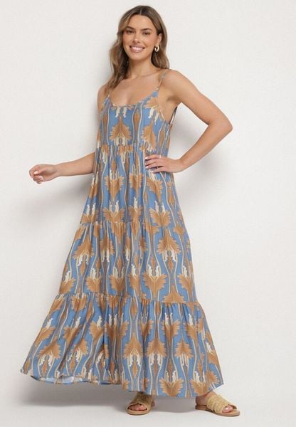 Niebiesko-Beżowa Sukienka o Rozkloszowanym Kroju Boho na Cienkich Ramiączkach Tosave. Niebieskie sukienki damskie Born2be, na co dzień, na lato, l, z aplikacjami, boho, bez kołnierzyka, bez ramiączek, midi, proste. Za 69.99 zł.