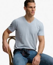 Superdry T‑shirt z dekoltem V z bawełny i lnu – Slip Blue. Niebieskie t-shirty damskie Superdry., s, bez wzorów, z bawełny, bez kołnierzyka. Za 129.40 zł.