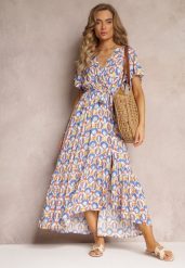 Niebieska Sukienka z Wiskozy i Kopertowym Dekoltem w Fantazyjny Print Abai. Niebieskie sukienki damskie Renee, na lato, l, z aplikacjami, z wiskozy, bez kołnierzyka, bez ramiączek, maxi, kopertowe. Za 89.99 zł.