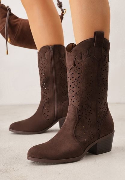 Brązowe Ażurowe Botki na Obcasie w Stylu Kowbojek Lissemi. Brązowe botki damskie Born2be, na jesień, z jeansu, eleganckie, bez obcasa, na obcasie, bez zapięcia. Za 149.99 zł.