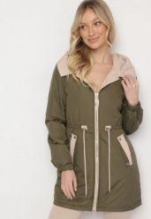 Ciemnozielona Kurtka Parka z Kapturem i Ściągaczem w Pasie Sizana. Zielone kurtki damskie Born2be, l, bez wzorów, z jeansu. Za 169.99 zł.