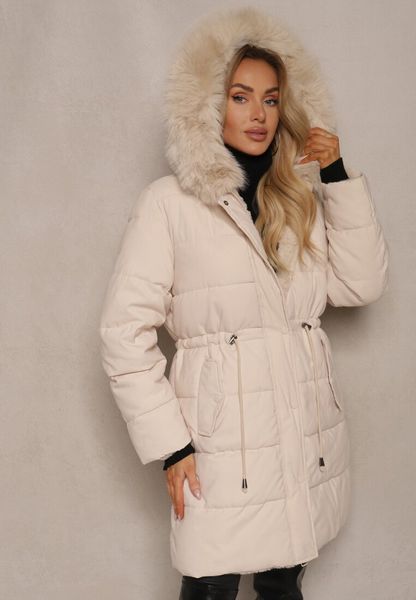 Jasnobeżowa Dwustronna Kurtka z Pikowanymi Przeszciami Kapturem i Ściągaczem w Talii Mesizola. Brązowe kurtki damskie Renee, l, bez wzorów, z futra. Za 249.99 zł.