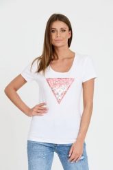 GUESS Biały damski t-shirt Satin Triangle Tee, Rozmiar XS. Białe t-shirty damskie Guess, s, z aplikacjami, bez kołnierzyka. W wyprzedaży za 113.99 zł.