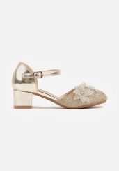 Złote Eleganckie Sandały Czółenka na Słupku z Brokatem i Kwiatową Aplikacją Maennes. Żółte sukienki niemowlęce Born2be, z aplikacjami, bez ramiączek. Za 89.99 zł.