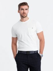 Dzianinowy T-shirt męski z naszytą kieszonką - ecru V7 - Rozmiar: XXL. T-shirty męskie Ombre Clothing, m, bez wzorów, z dzianiny, bez kołnierzyka. W wyprzedaży za 19.99 zł.