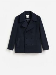 Krótki płaszcz z wełną - granatowy. Niebieskie płaszcze męskie Reserved, l, bez wzorów, z tkaniny. Za 459.99 zł.