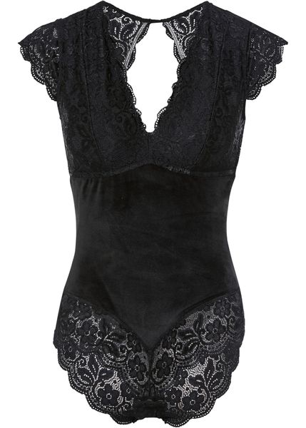 Body aksamitne bez fiszbinów. Czarne body damskie bonprix, bez wzorów, z koronki. Za 129.99 zł.