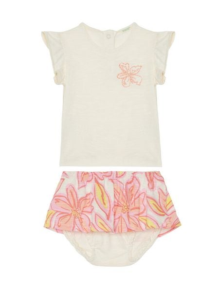 United Colors Of Benetton Komplet t-shirt i spodenki 3O7SAK015 Beżowy Regular Fit. Brązowe koszulki dziewczęce United Colors Of Benetton, bez wzorów, z bawełny, bez ramiączek. Za 59.99 zł.