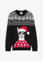 Świąteczny sweter z miękkiej mieszanki bawełny. Czarne swetry męskie bonprix, m, bez wzorów, z bawełny, bez kołnierzyka. Za 129.99 zł.