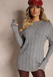 Ciemnoszary Sweter z Wiskozą Ozdobiony Tłoczeniem Savra. Szare swetry klasyczne damskie Renee, na zimę, z wiskozy, bez kołnierzyka. Za 99.99 zł.