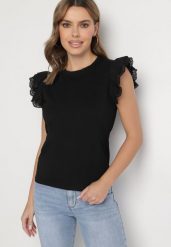 Czarny Top z Bawełny Ozdobiony Ażurowymi Rękawami Nalathiel. Czarne topy damskie Born2be, s, w ażurowe wzory, z bawełny, bez kołnierzyka. Za 39.99 zł.