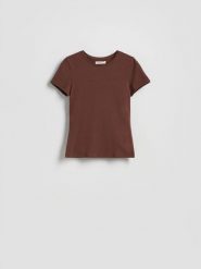 Bawełniany t-shirt slim fit - ciemnobrązowy. Brązowe t-shirty damskie Reserved, l, bez wzorów, z bawełny, bez kołnierzyka. Za 25.99 zł.