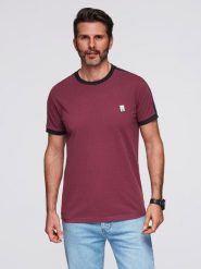 T-shirt męski z kontrastowymi lampasami – bordowy V2 - Rozmiar: XXL. Czerwone t-shirty męskie Ombre Clothing, m, z aplikacjami, z bawełny, bez kołnierzyka. Za 109.99 zł.