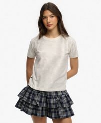 Superdry Dopasowana koszulka w paski z logo – Desert Bone Off White Stripe. Białe topy sportowe damskie Superdry., bez wzorów, z bawełny, bez ramiączek. Za 129.40 zł.