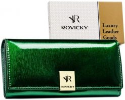 Portfel lakierowany Rovicky RH-27A-1-SH zielony. Zielone portfele damskie ROVICKY, bez wzorów, z lakierowanej skóry. Za 95.99 zł.