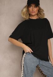 Czarna Bawełniana Koszulka T-shirt z Tłoczonym Napisem Lunorina. Czarne bluzki damskie Renee, l, z aplikacjami, z bawełny, eleganckie, bez kołnierzyka, bez ramiączek. Za 44.99 zł.