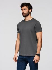 Męski klasyczny bawełniany T-shirt BASIC - grafitowy V15 - Rozmiar: L. Szare t-shirty męskie Ombre Clothing, l, bez wzorów, z bawełny, bez kołnierzyka. W wyprzedaży za 29.99 zł.