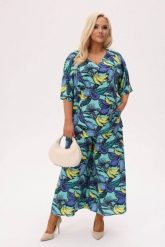 Wakacyjny miętowy komplet Tropica Lazurowe Owoce (bluzka + spódnico - spodnie) PLUS SIZE XXL OVERSIZE. Niebieskie spodnie materiałowe damskie Moda Size Plus Iwanek, bez wzorów, z bawełny, eleganckie, plus size. Za 379.90 zł.