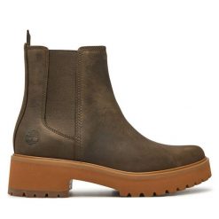 Botki Timberland. Brązowe botki damskie Timberland, bez obcasa, na płaskiej podeszwie, bez zapięcia. Za 549.99 zł.