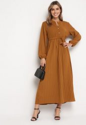 Brązowa Rozkloszowana Sukienka Maxi z Plisowanym Dołem i Wiązanym Paskiem Nollira. Brązowe sukienki damskie Born2be, bez wzorów, eleganckie, bez kołnierzyka, bez ramiączek, maxi, plisowane. W wyprzedaży za 111.99 zł.