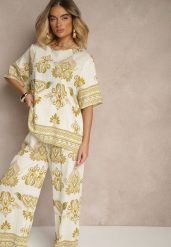 Żółty Wiskozowy Komplet w Orientalny Print Szerokie Spodnie i T-shirt Pollialia. Żółte spodnie materiałowe damskie Renee, z aplikacjami, z wiskozy. Za 74.99 zł.