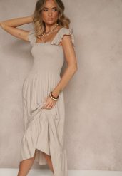 Beżowa Sukienka z Bawełny na Ramiączkach Ozdobiona Falbanami i Gumkami Mevalys. Brązowe sukienki damskie Renee, na imprezę, l, bez wzorów, z bawełny, eleganckie, bez kołnierzyka, bez ramiączek, maxi, rozkloszowane. Za 49.99 zł.