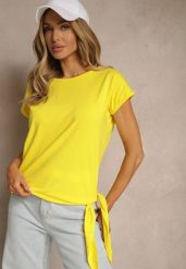 Żółty T-shirt z Bawełny z Ozdobnym Wiązaniem Termio. Żółte t-shirty damskie Renee, m, bez wzorów, z bawełny, bez kołnierzyka. Za 29.99 zł.