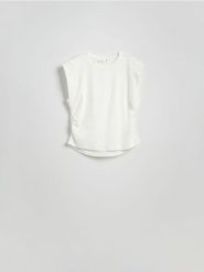 T-shirt z ozdobnym marszczeniem - biały. Białe t-shirty damskie Reserved, l, bez wzorów, z bawełny, bez kołnierzyka. W wyprzedaży za 39.99 zł.