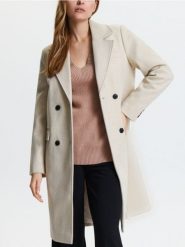 Płaszcz dwurzędowy - kremowy. Białe płaszcze damskie Sinsay, l, bez wzorów, eleganckie. Za 119.99 zł.