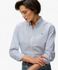 Superdry Damska koszula Oxford slim z długim rękawem – AZURE BLUE STRIPE OXFORD. Niebieskie koszule damskie Superdry., bez wzorów, z bawełny, bez kołnierzyka, bez ramiączek. Za 313.80 zł.