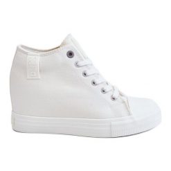 Wysokie Trampki Na Ukrytym Koturnie Big Star LL274035 Białe. Białe czółenka damskie bez wzorów, z materiału, bez obcasa, na koturnie. Za 228.69 zł.