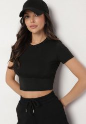 Czarny T-shirt z Wiskozą o Dopasowanym Kroju Typu Crop Top Folirra. Czarne t-shirty damskie Born2be, m, bez wzorów, z jeansu, bez kołnierzyka. Za 39.99 zł.