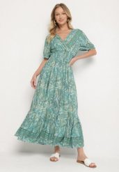Zielona Bawełniana Sukienka o Rozkloszowanym Kroju we Wzór Paisley Folurelle. Zielone sukienki damskie Born2be, na spotkanie biznesowe, l, bez wzorów, z bawełny, eleganckie, bez kołnierzyka, bez ramiączek, maxi, rozkloszowane. W wyprzedaży za 51.99 zł.