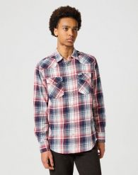 WRANGLER MĘSKA KOSZULA WESTERN SHIRT RED BLUE 112357243 W5B4017570. Czerwone koszule męskie Wrangler, m, bez wzorów, bez kołnierzyka, bez ramiączek. Za 229.99 zł.