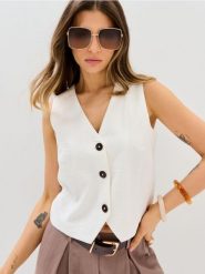 Klasyczna wiskozowa kamizelka garniturowa - kremowy. Białe kamizelki damskie Sinsay, l, z wiskozy. Za 49.99 zł.