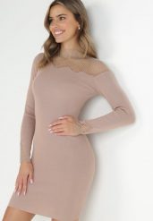 Beżowa Sukienka Dopasowana z Siateczką przy Dekolcie Mugumie. Brązowe sukienki damskie Born2be, na co dzień, m, z aplikacjami, z dzianiny, eleganckie, bez kołnierzyka, bez ramiączek, dopasowane. Za 39.99 zł.