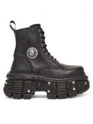 NEW ROCK Botki M-OVERZTANK001-C1 Czarny. Czarne botki damskie NEW ROCK, ze skóry, rockowe, bez obcasa, na koturnie, bez zapięcia. Za 1,229.00 zł.