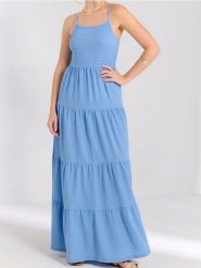 Sukienka maxi z marszczeniami - niebieski. Niebieskie sukienki damskie Sinsay, l, bez wzorów, boho, bez kołnierzyka, bez ramiączek, maxi. Za 59.99 zł.