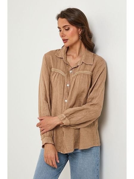 Lin Passion Lniana koszula w kolorze beżowym rozmiar: 40/42. Brązowe koszule damskie Lin Passion, z aplikacjami, ze lnu, klasyczne, bez kołnierzyka, bez ramiączek. Za 192.79 zł.