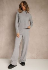 Szary Komplet z Prążkowanej Dzianiny Spodnie Wide Leg i Sweter ze Stójką Feniria. Szare spodnie materiałowe damskie Renee, bez wzorów, z dzianiny. Za 159.99 zł.