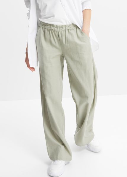 Spodnie palazzo z lnu. Zielone spodnie materiałowe damskie bonprix, bez wzorów. Za 142.99 zł.