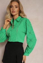 Zielona Koszula w Stylu Boho z Ozdobnym Haftem Anvia. Zielone koszule damskie Renee, l, bez wzorów, boho, bez kołnierzyka, bez ramiączek. Za 69.99 zł.