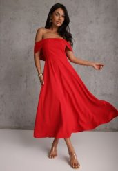 Czerwona Rozkloszowana Sukienka Koktajlowa VICES z Hiszpańskim Dekoltem Neamerianne. Czerwone sukienki damskie Renee, l, bez wzorów, eleganckie, bez kołnierzyka, bez ramiączek, midi, kopertowe. Za 199.99 zł.