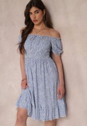 Niebieska Sukienka Midi o Fasonie Bawełnianej Hiszpanki Nairo. Niebieskie sukienki damskie Renee, na spotkanie biznesowe, m, bez wzorów, z bawełny, eleganckie, bez kołnierzyka, bez ramiączek, midi. W wyprzedaży za 38.49 zł.