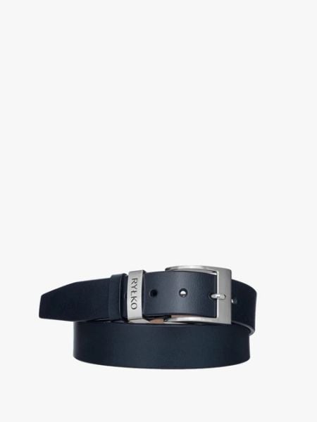 Granatowy pasek męski z logotypem na klamrze. Niebieskie paski męskie Ryłko, bez wzorów, ze skóry. Za 129.99 zł.