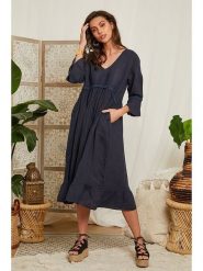 Lin Passion Lniana sukienka w kolorze granatowym rozmiar: 38/40. Niebieskie sukienki damskie Lin Passion, bez wzorów, ze lnu, klasyczne, bez kołnierzyka, bez ramiączek, midi. Za 173.99 zł.